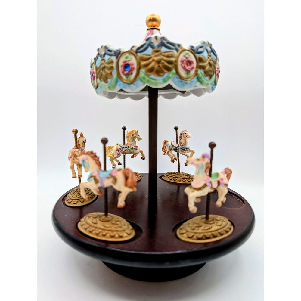 Vintage Carousel Music Box Wooden Base Porcelain Style Horses Floral Gold Tone